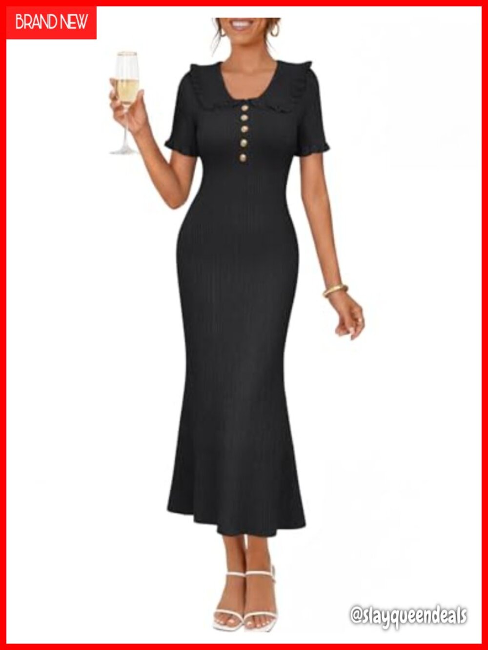 Women's Ruffled V-Neck Button Midi Sweater Dress Bodycon Knit